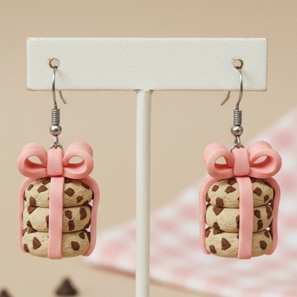 Pink Bow Chocolate Chip Cookie Dangle Earrings
 - Handmade - Hypoallergenic